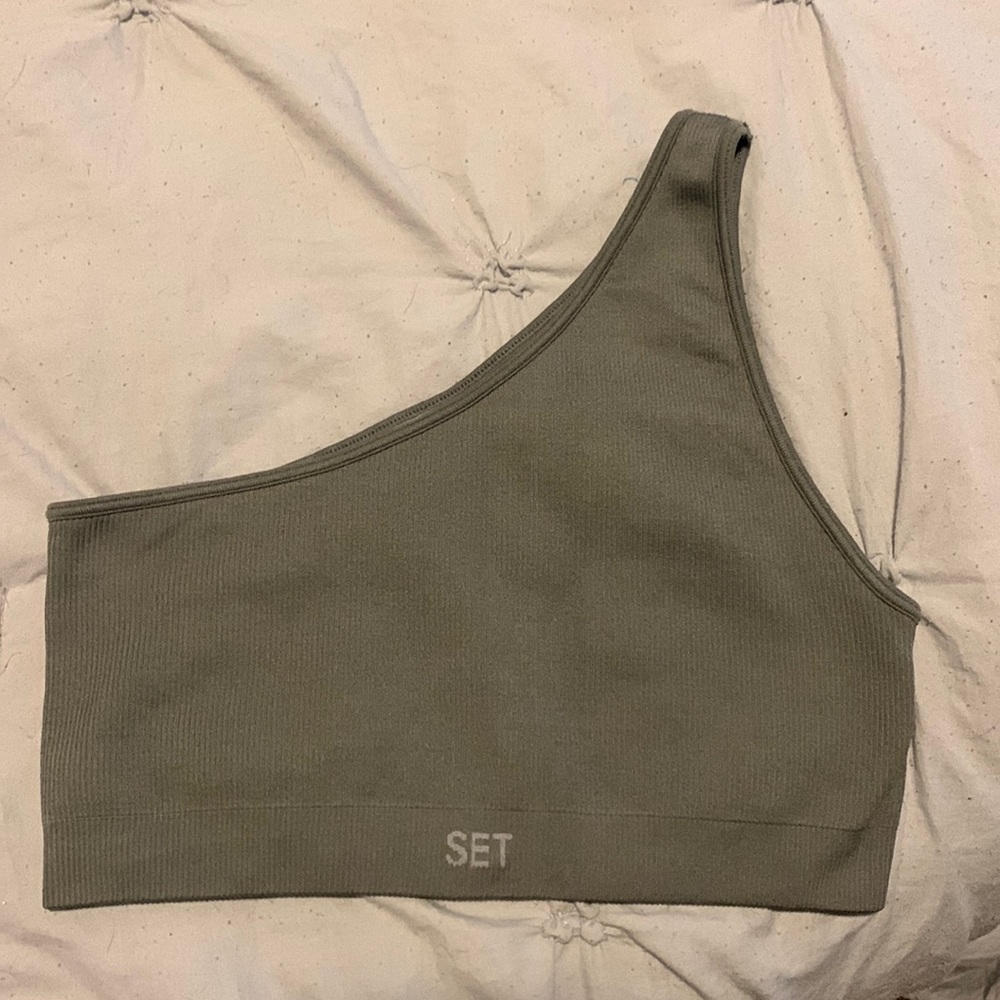 Grey one shoulder set active sports bra